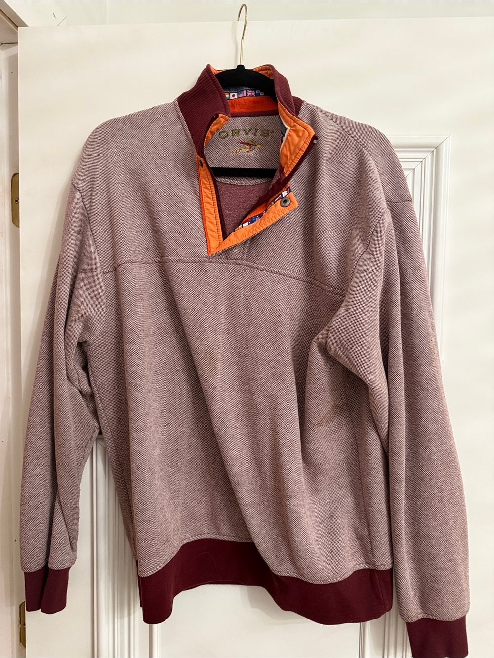 Orvis Men's Mauve Zip-Neck Sweater with Orange Trim